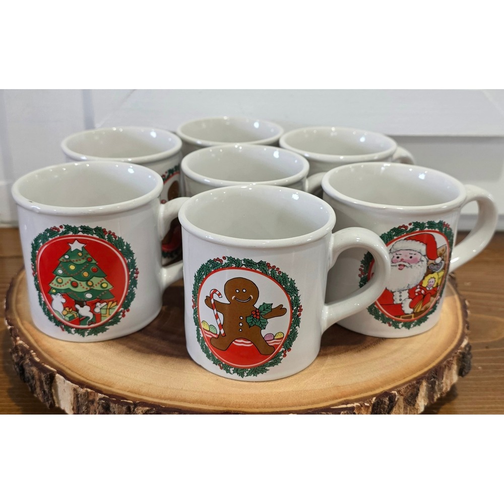 VTG MCM Christmas Mug Set 7pc Japan Ceramic Santa Gingerbread Tree White Holiday